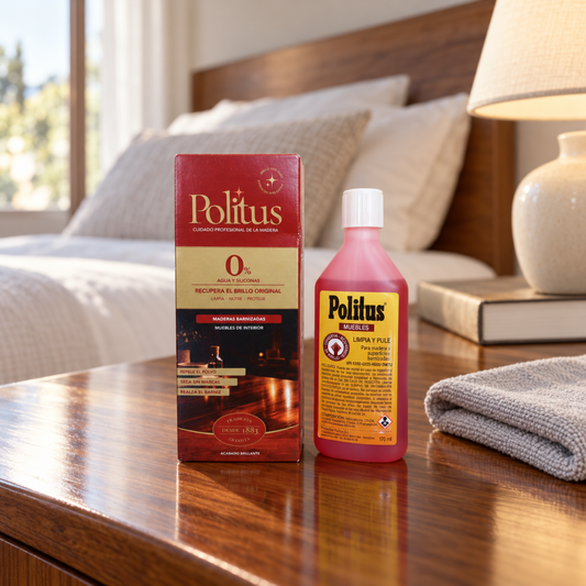 Politus Muebles Barnizados 170 ml sobre un mueble de madera barnizada