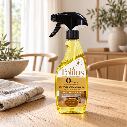 Politus Madera Natural y Aceitada 375 ml sobre una mesa de madera natural