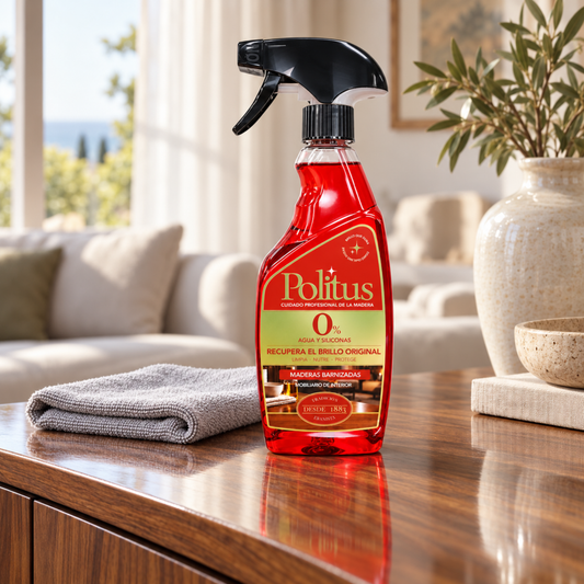 Politus Muebles Barnizados 375 ml sobre un mueble de madera barnizada