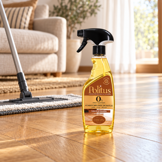 Politus Parquet pistola 375 ml sobre un suelo de parquet