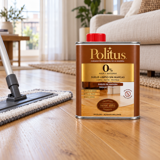 Politus Parquet lata 750 ml sobre un suelo de parquet