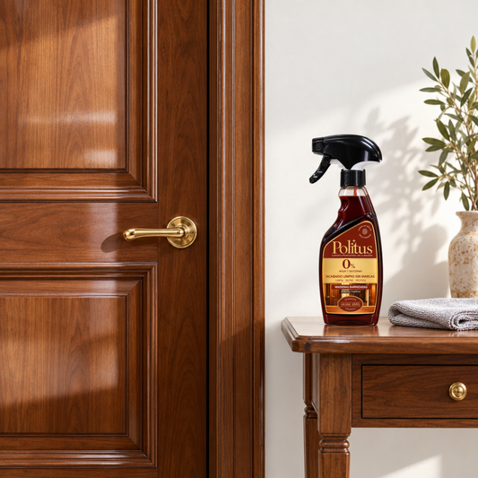 Politus Puertas Barnizadas 375 ml junto a una puerta de madera barnizada