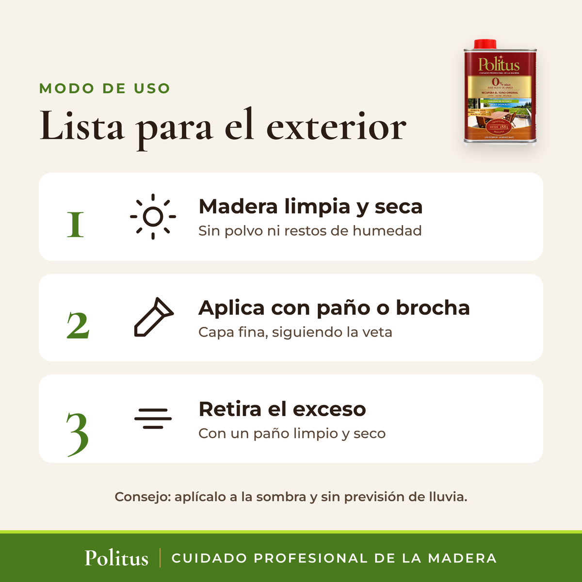 Cómo usar Politus Teca lata 750 ml en 3 pasos