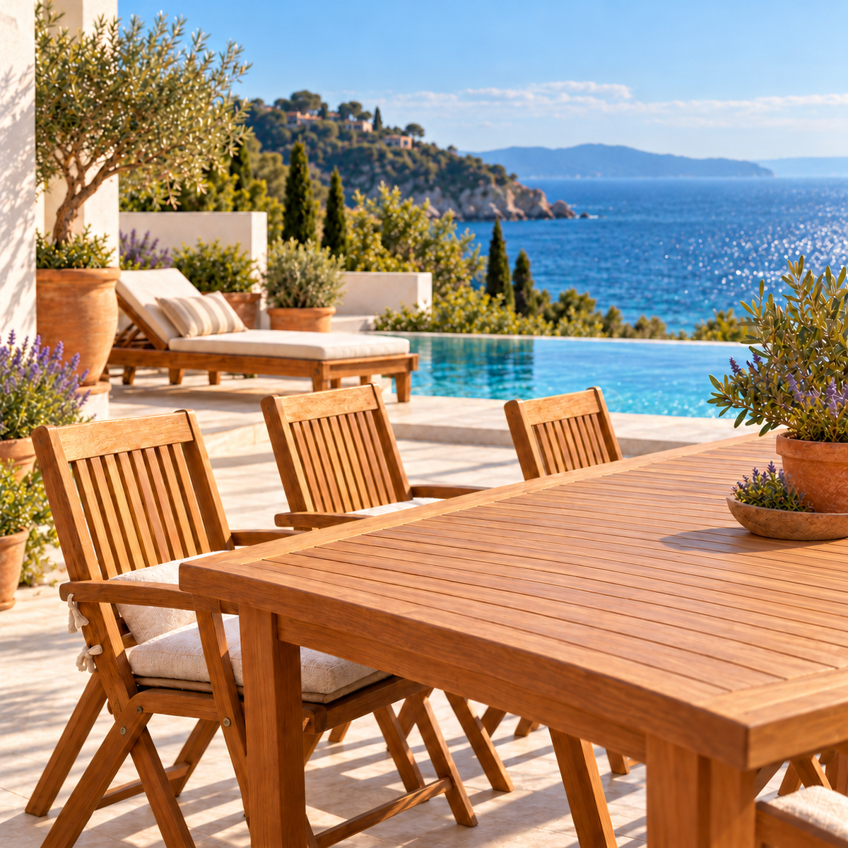 Terraza con muebles de teca cuidados con Politus