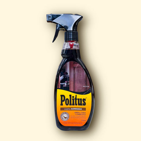 Limpiador Politus para puertas de madera, limpia, cuida y embellece.