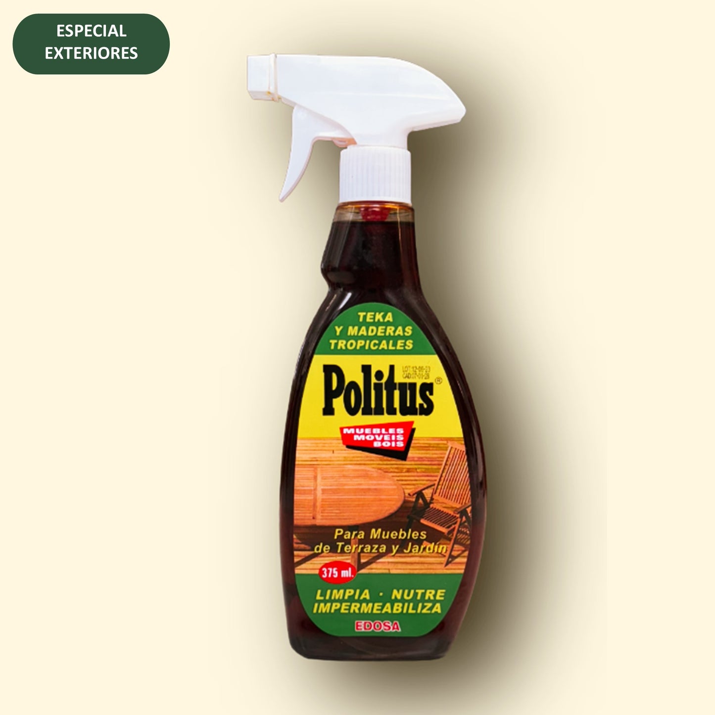 Politus para teka y maderas exteriores, limpia, nutre e impermeabiliza.