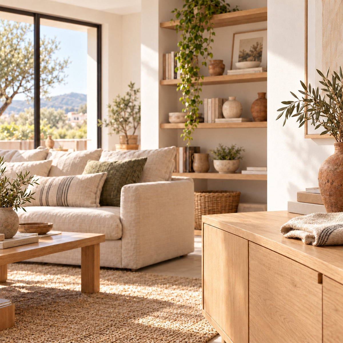 Salón con muebles de roble natural